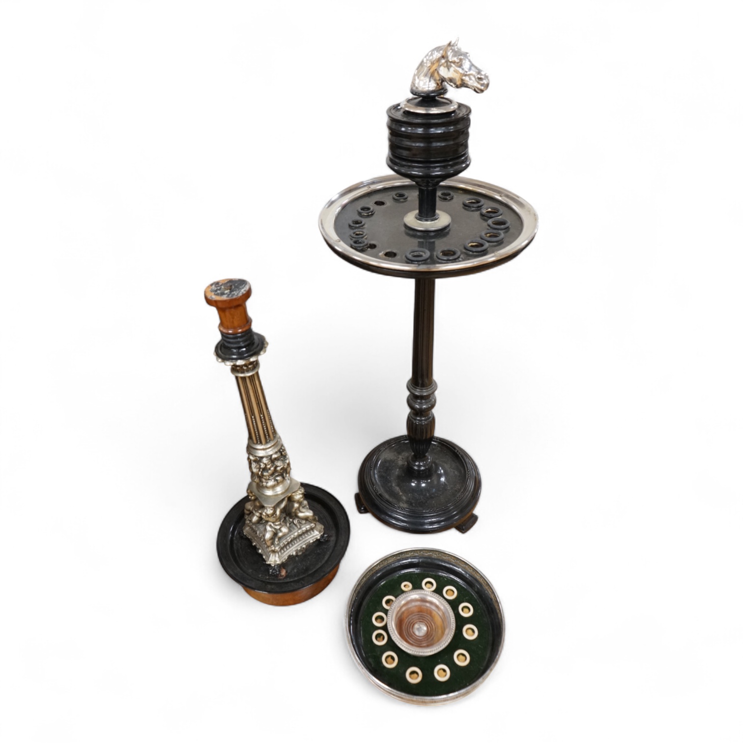 Two walking stick stands, one with horse head finial, largest 115cm high (one a.f.)